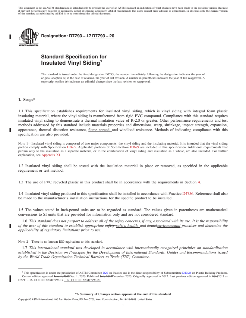 REDLINE ASTM D7793-20 - Standard Specification for Insulated Vinyl Siding