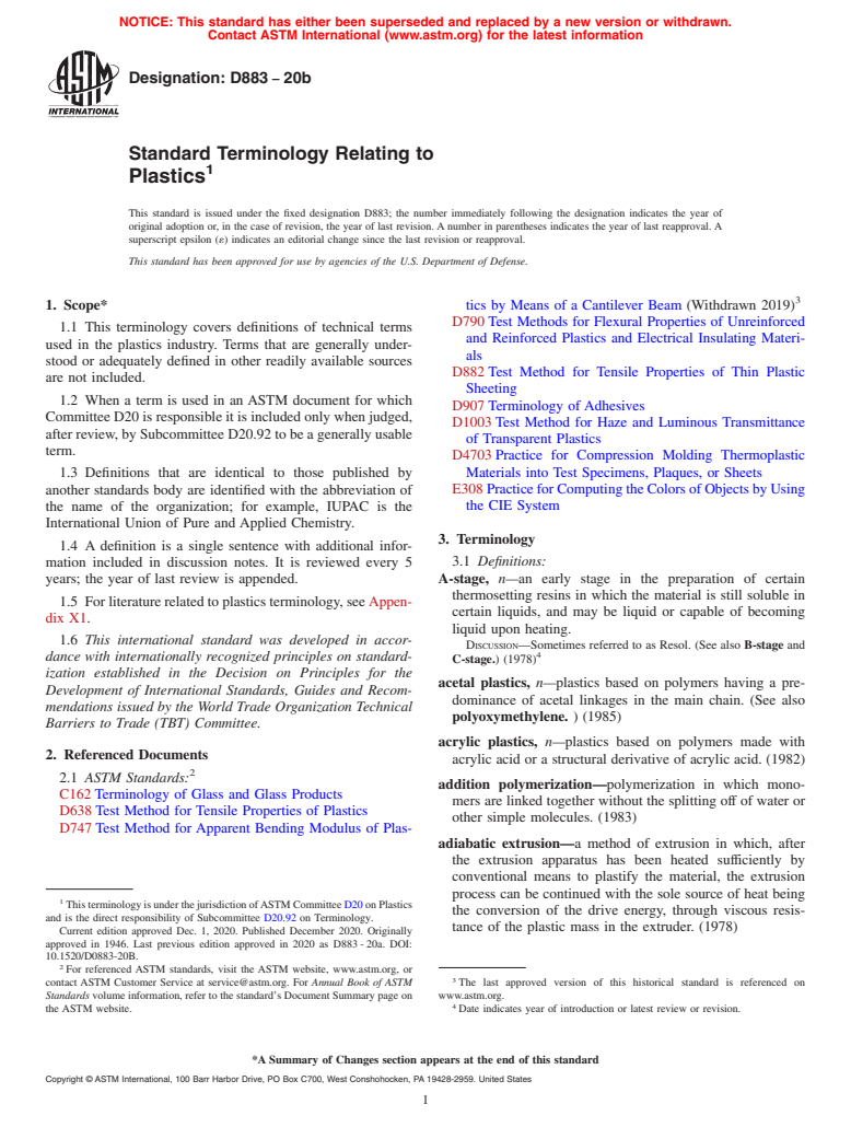 ASTM D883-20b - Standard Terminology Relating to Plastics