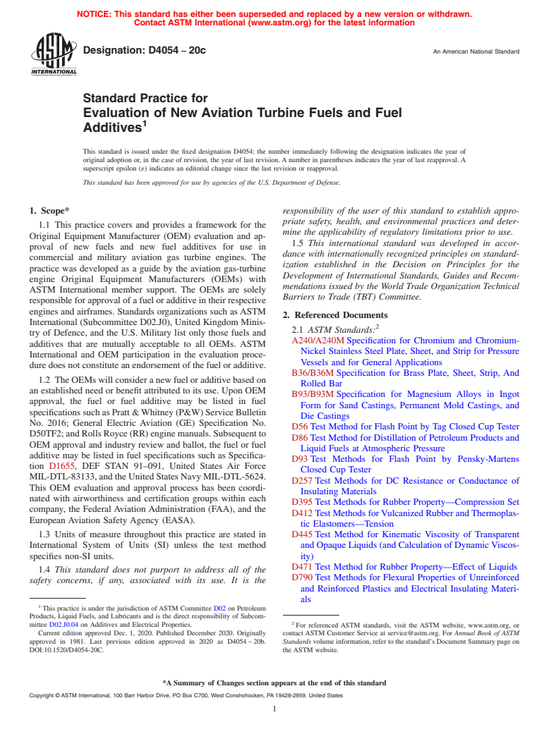 ASTM D4054-20c - Standard Practice for Evaluation of New Aviation Turbine Fuels and Fuel Additives