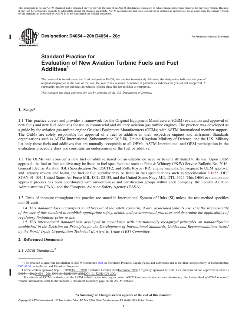 REDLINE ASTM D4054-20c - Standard Practice for Evaluation of New Aviation Turbine Fuels and Fuel Additives