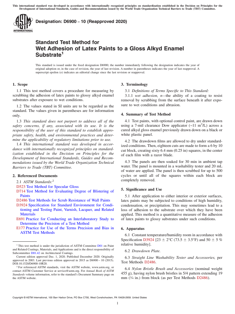 ASTM D6900-10(2020) - Standard Test Method for Wet Adhesion of Latex Paints to a Gloss Alkyd Enamel Substrate