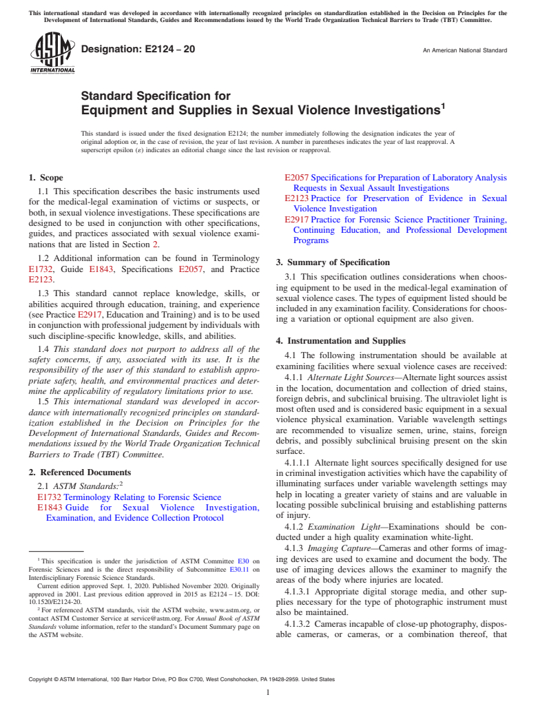 ASTM E2124-20 - Standard Specification for  Equipment and Supplies in Sexual Violence Investigations