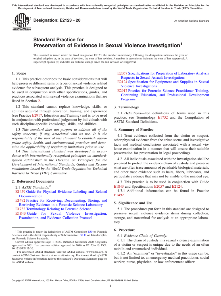 ASTM E2123-20 - Standard Practice for  Preservation of Evidence in Sexual Violence Investigation