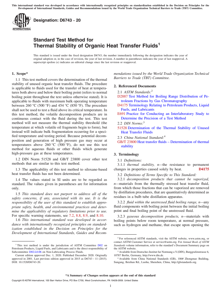ASTM D6743-20 - Standard Test Method for  Thermal Stability of Organic Heat Transfer Fluids