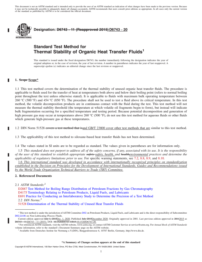 REDLINE ASTM D6743-20 - Standard Test Method for  Thermal Stability of Organic Heat Transfer Fluids
