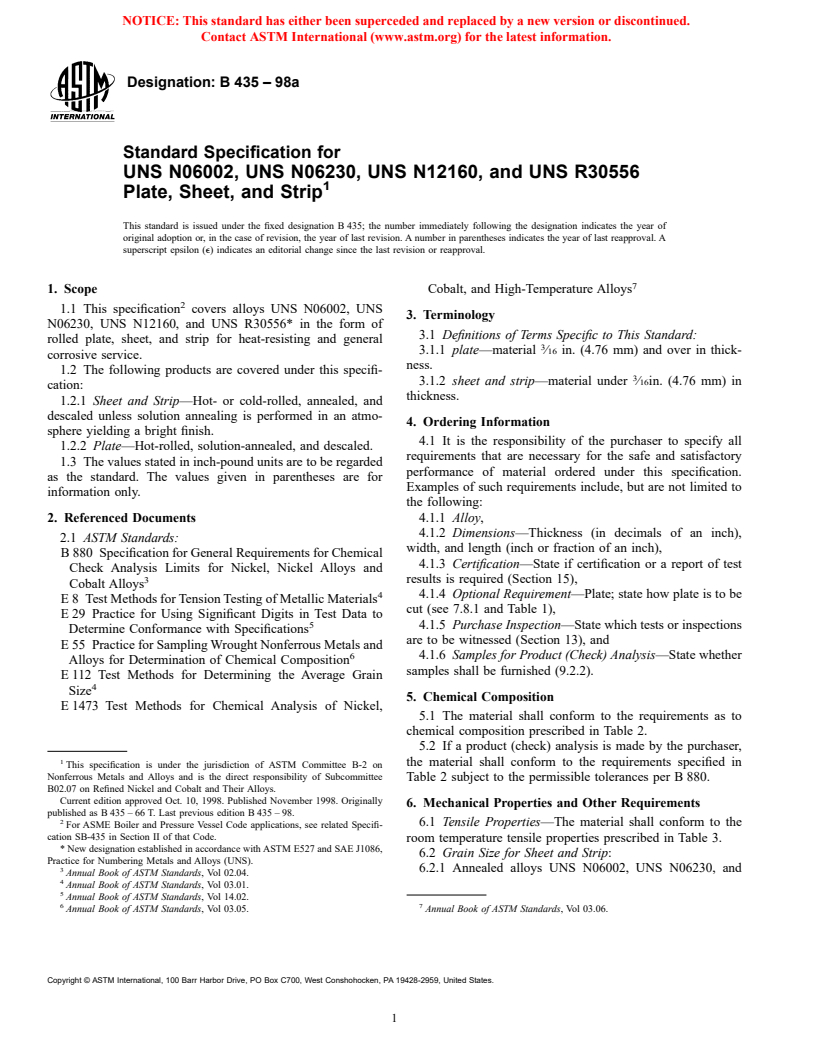 ASTM B435-98a - Standard Specification for UNS N06002, UNS N06230, UNS N12160, and UNS R30556 Plate, Sheet, and Strip