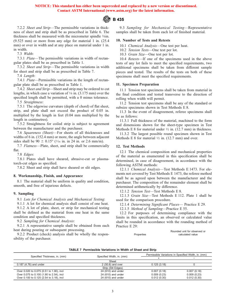 ASTM B435-98a - Standard Specification for UNS N06002, UNS N06230, UNS N12160, and UNS R30556 Plate, Sheet, and Strip