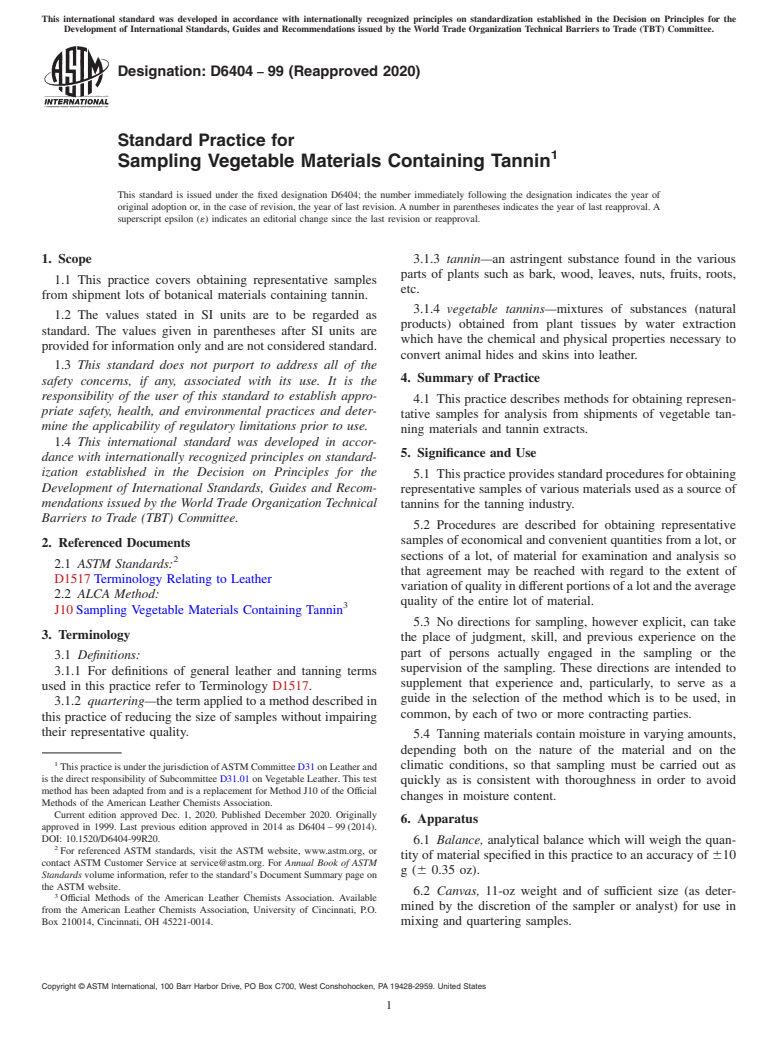 ASTM D6404-99(2020) - Standard Practice for  Sampling Vegetable Materials Containing Tannin