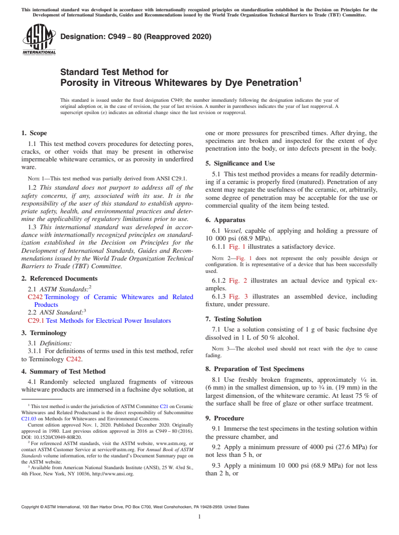 ASTM C949-80(2020) - Standard Test Method for  Porosity in Vitreous Whitewares by Dye Penetration