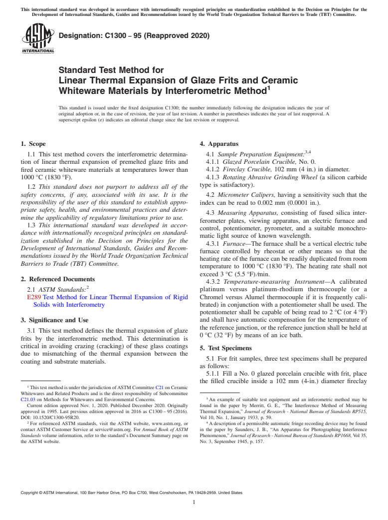 ASTM C1300-95(2020) - Standard Test Method for  Linear Thermal Expansion of Glaze Frits and Ceramic Whiteware   Materials by Interferometric Method