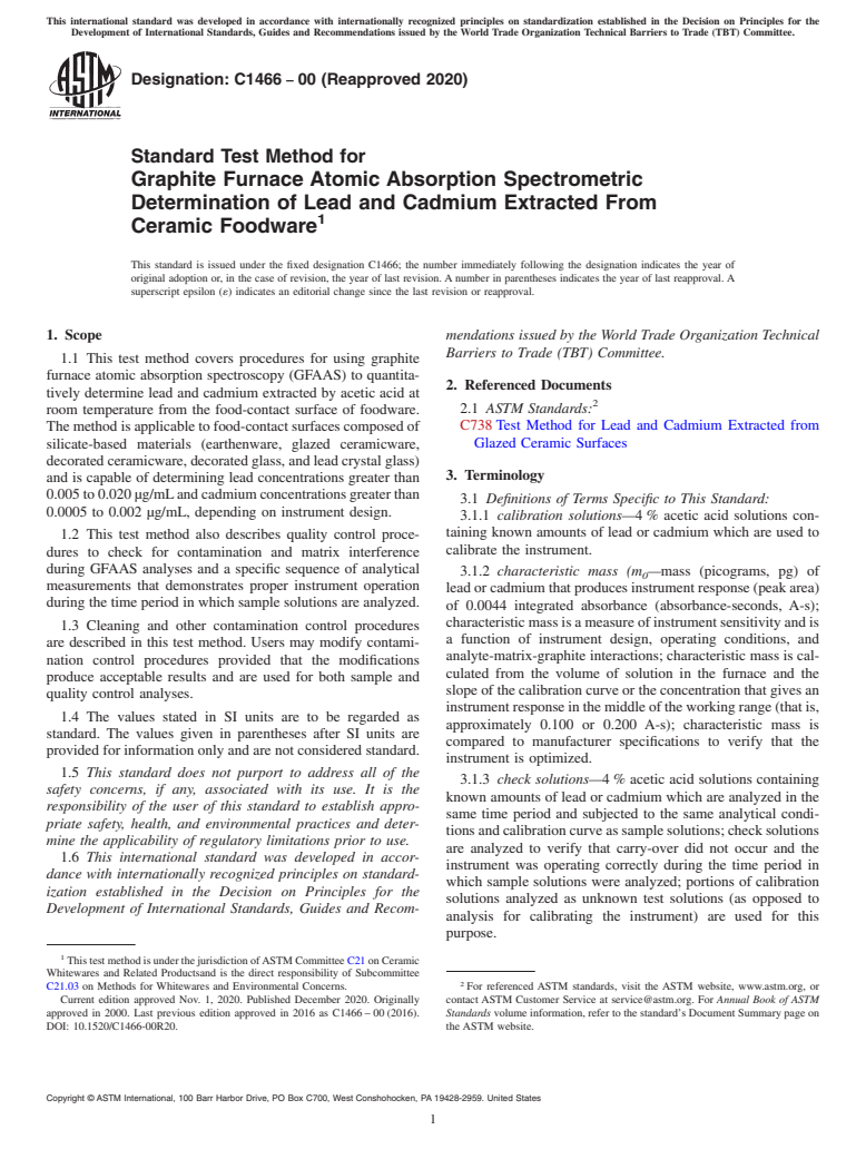 ASTM C1466-00(2020) - Standard Test Method for  Graphite Furnace Atomic Absorption Spectrometric Determination   of Lead and Cadmium Extracted From Ceramic Foodware