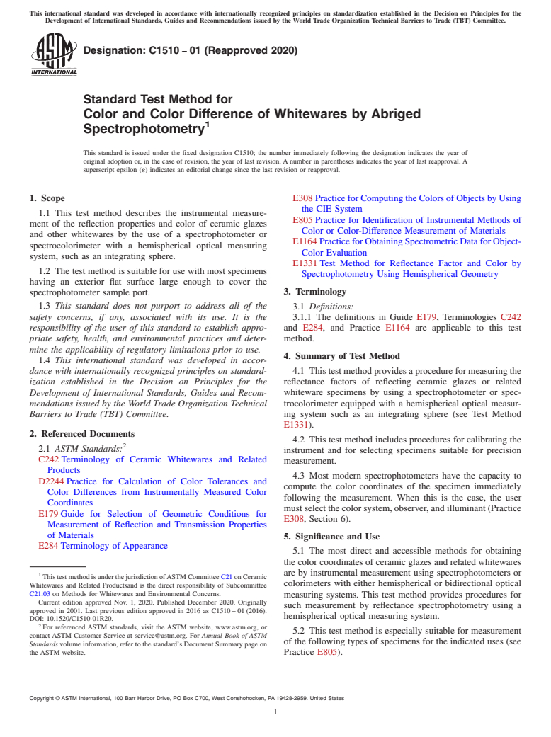 ASTM C1510-01(2020) - Standard Test Method for  Color and Color Difference of Whitewares by Abriged Spectrophotometry