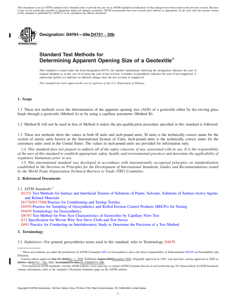 REDLINE ASTM D4751-20b - Standard Test Methods for Determining Apparent Opening Size of a Geotextile