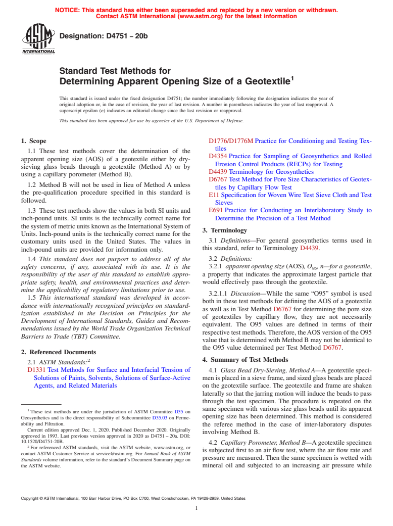 ASTM D4751-20b - Standard Test Methods for Determining Apparent Opening Size of a Geotextile