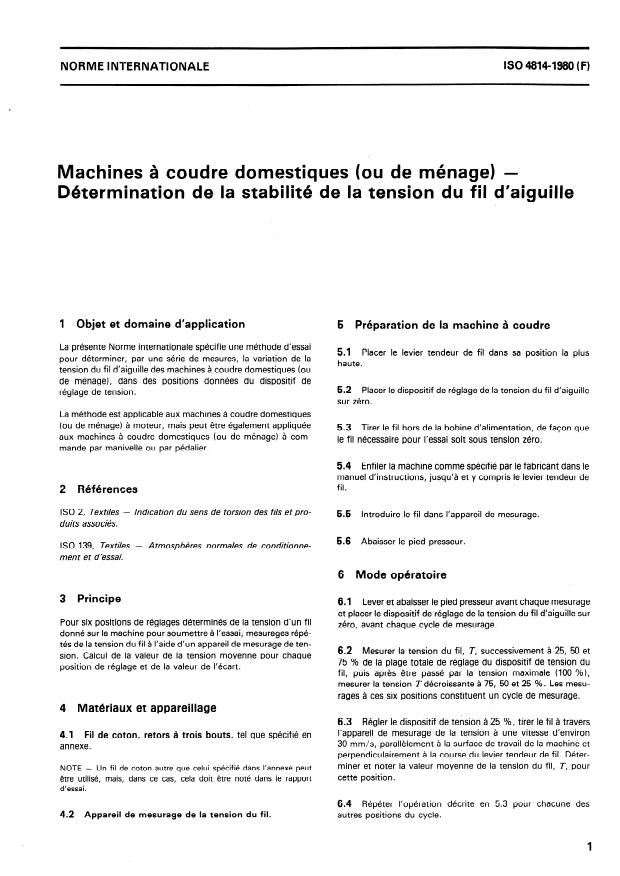 ISO 4814:1980 - Machines a coudre domestiques (ou de ménage) -- Détermination de la stabilité de la tension du fil d'aiguille