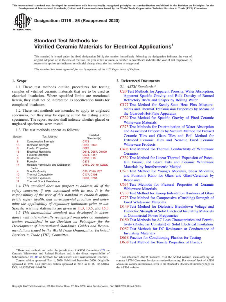 ASTM D116-86(2020) - Standard Test Methods for  Vitrified Ceramic Materials for Electrical Applications