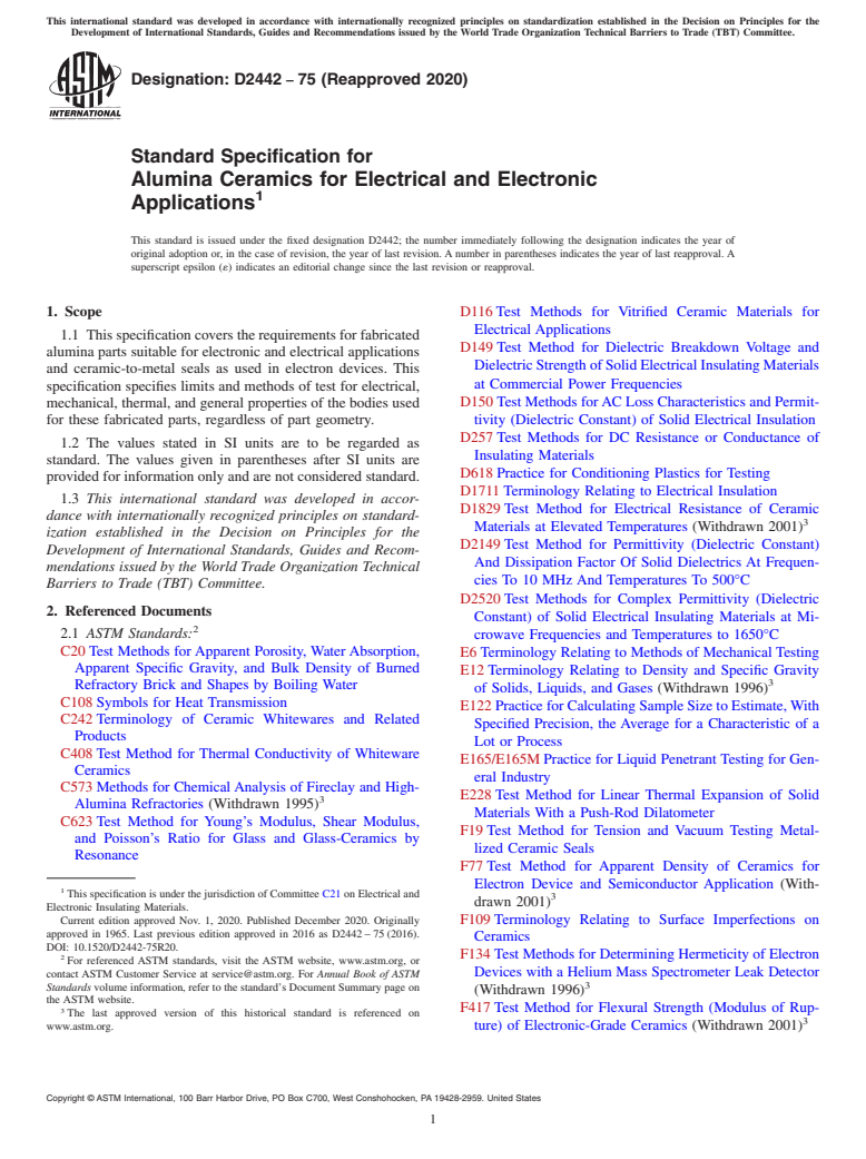 ASTM D2442-75(2020) - Standard Specification for  Alumina Ceramics for Electrical and Electronic Applications