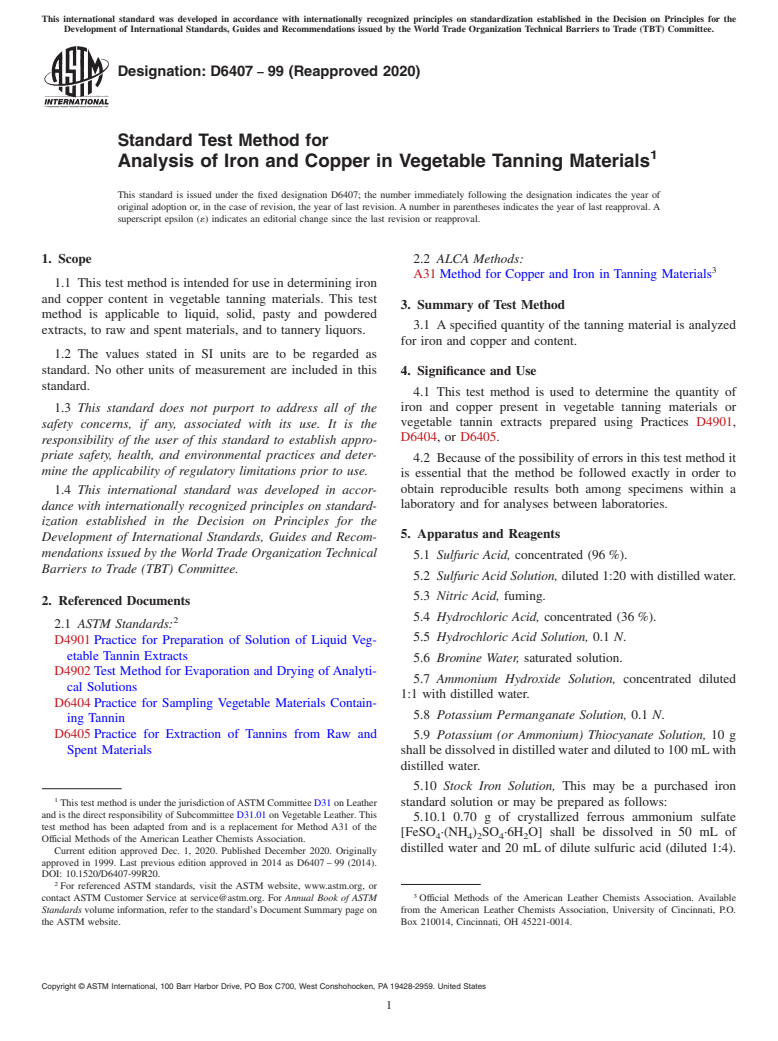ASTM D6407-99(2020) - Standard Test Method for  Analysis of Iron and Copper in Vegetable Tanning Materials