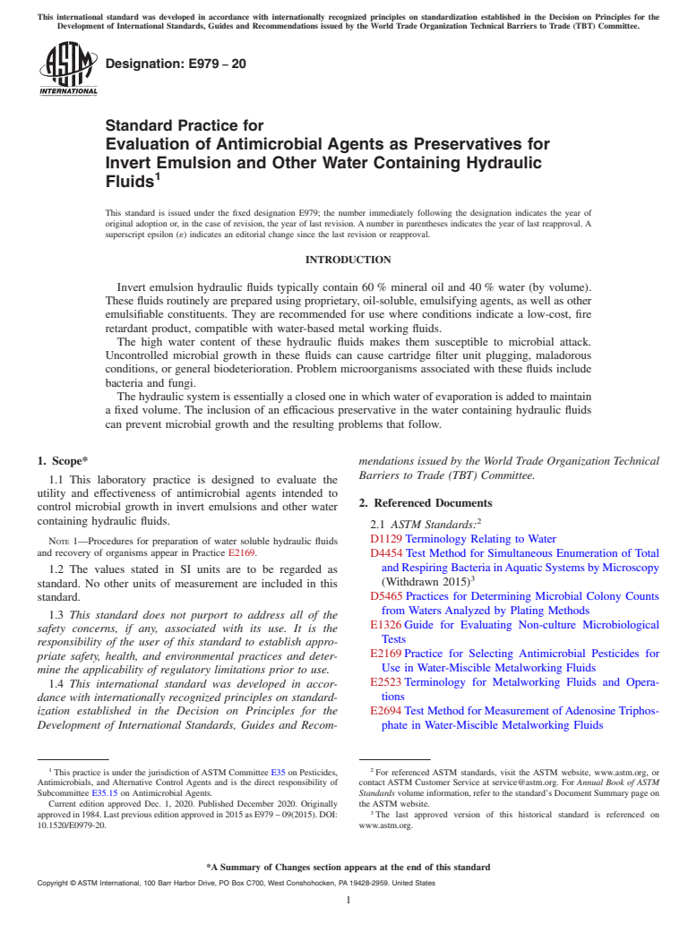 ASTM E979-20 - Standard Practice for Evaluation of Antimicrobial Agents as Preservatives for Invert  Emulsion and Other Water Containing Hydraulic Fluids