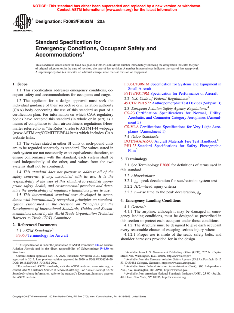 ASTM F3083/F3083M-20a - Standard Specification for Emergency Conditions, Occupant Safety and Accommodations