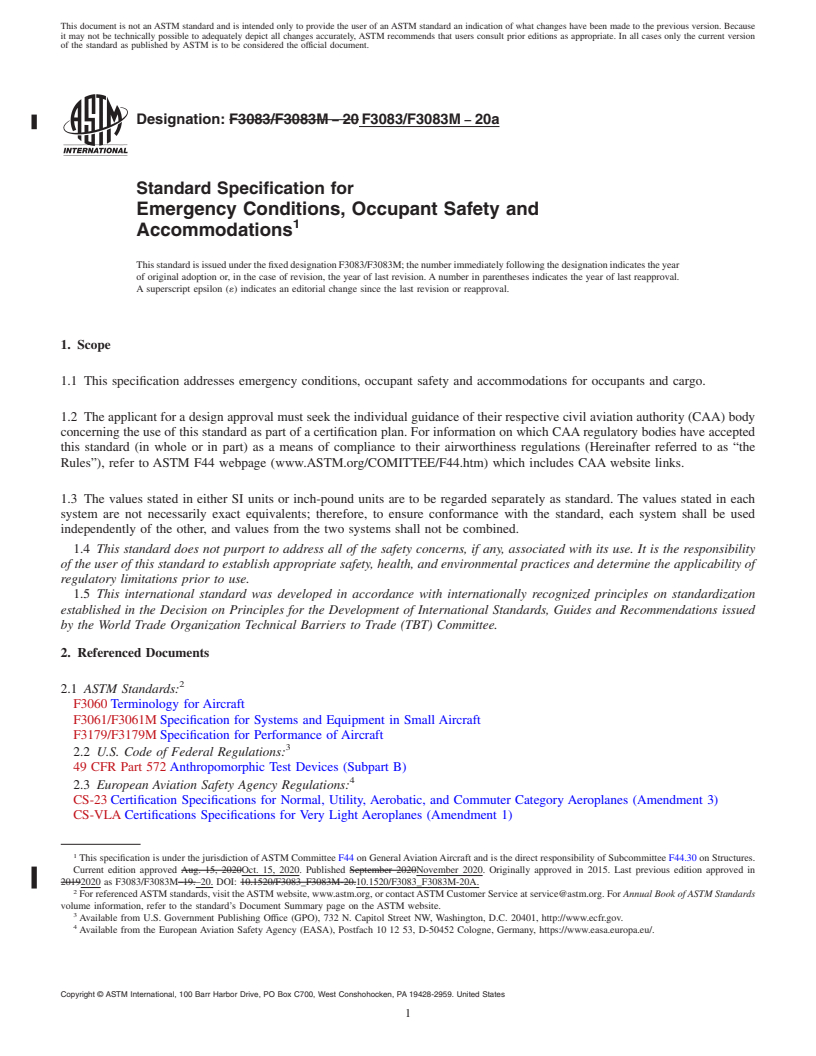 REDLINE ASTM F3083/F3083M-20a - Standard Specification for Emergency Conditions, Occupant Safety and Accommodations