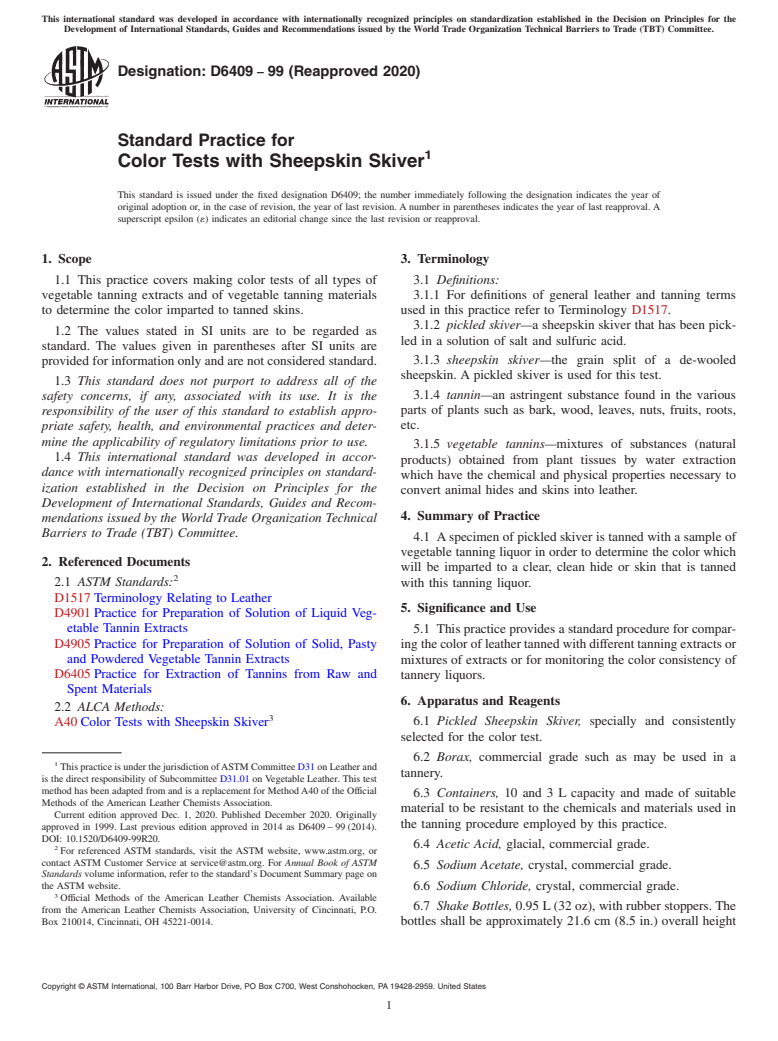 ASTM D6409-99(2020) - Standard Practice for  Color Tests with Sheepskin Skiver