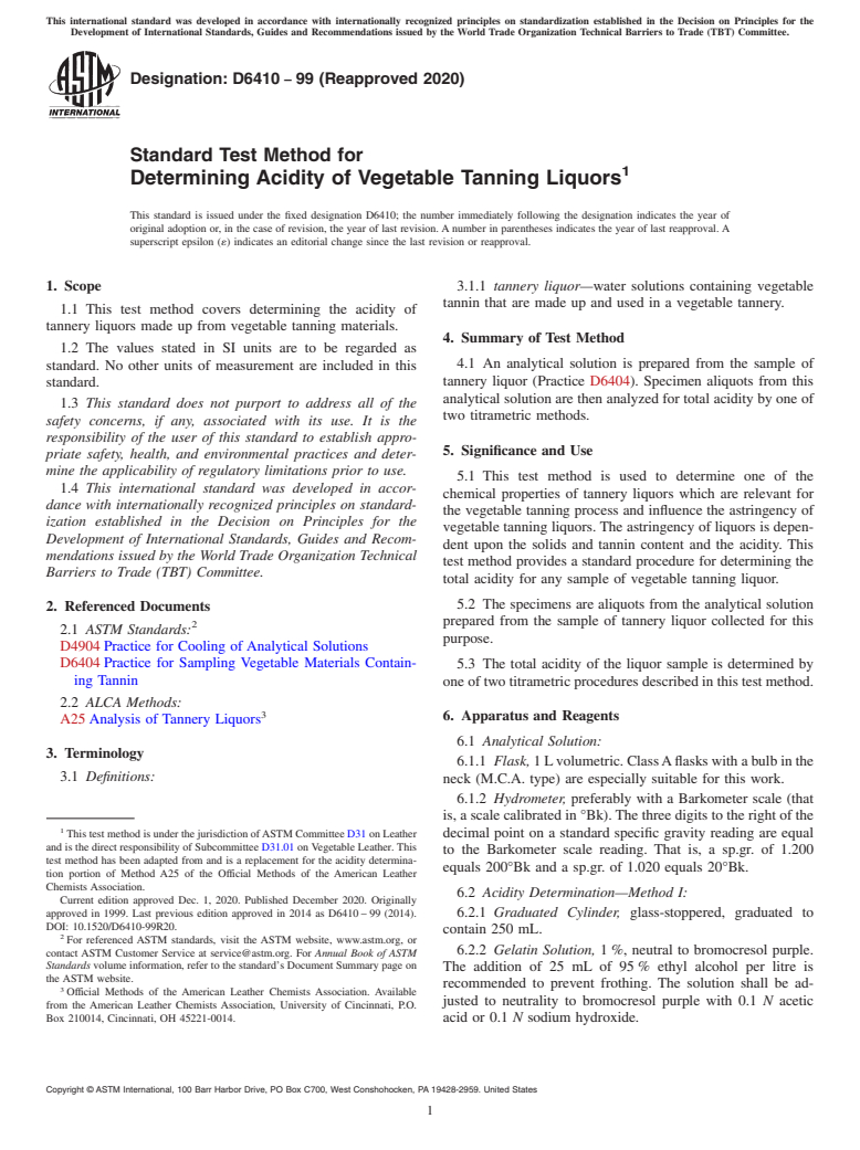 ASTM D6410-99(2020) - Standard Test Method for  Determining Acidity of Vegetable Tanning Liquors