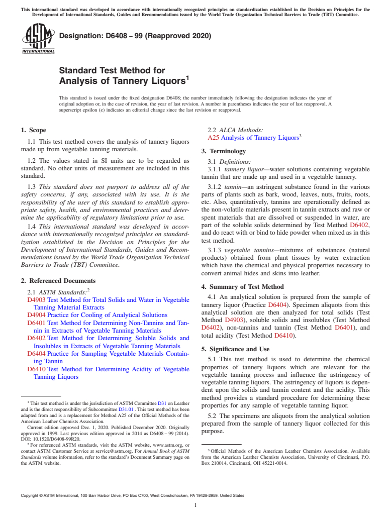 ASTM D6408-99(2020) - Standard Test Method for  Analysis of Tannery Liquors