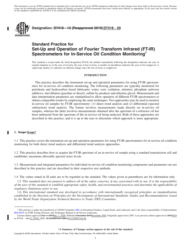 REDLINE ASTM D7418-20 - Standard Practice for Set-Up and Operation of Fourier Transform Infrared (FT-IR)  Spectrometers  for In-Service Oil Condition Monitoring