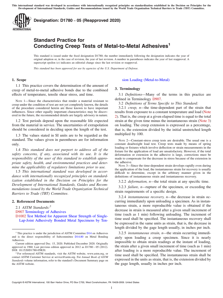 ASTM D1780-05(2020) - Standard Practice for Conducting Creep Tests of Metal-to-Metal Adhesives