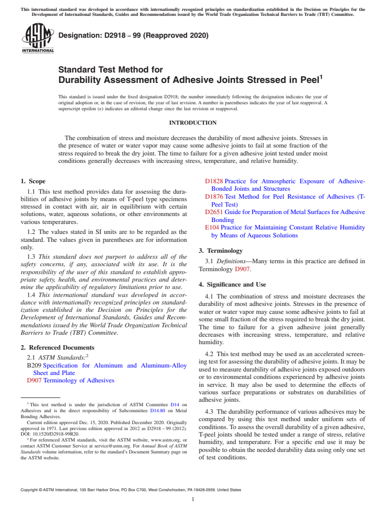 ASTM D2918-99(2020) - Standard Test Method for Durability Assessment of Adhesive Joints Stressed in Peel