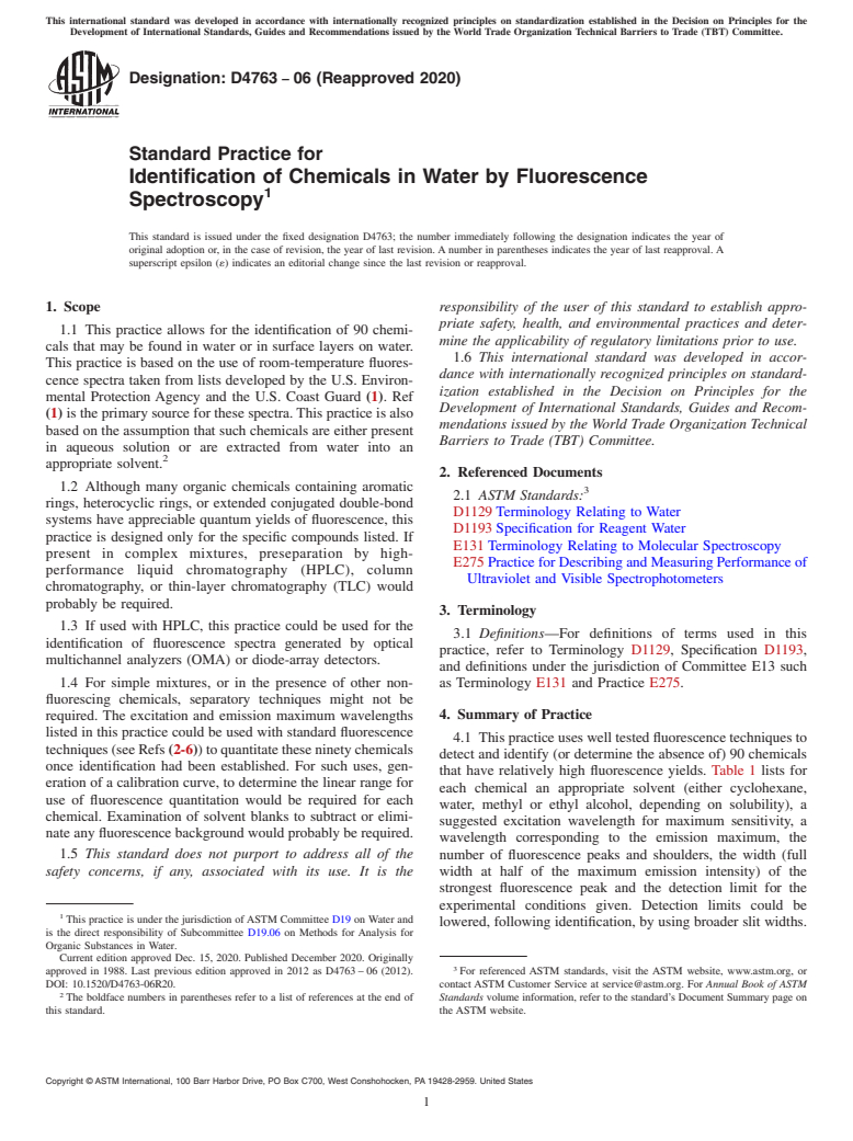 ASTM D4763-06(2020) - Standard Practice for  Identification of Chemicals in Water by Fluorescence Spectroscopy