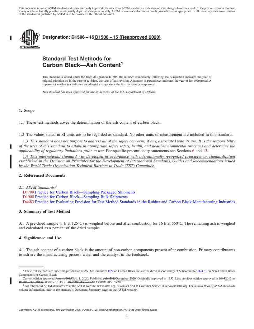 REDLINE ASTM D1506-15(2020) - Standard Test Methods for Carbon Black—Ash Content