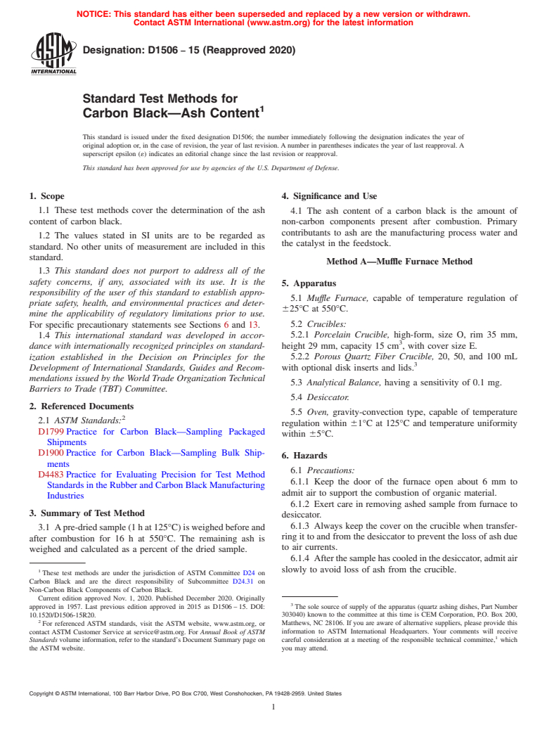 ASTM D1506-15(2020) - Standard Test Methods for Carbon Black—Ash Content