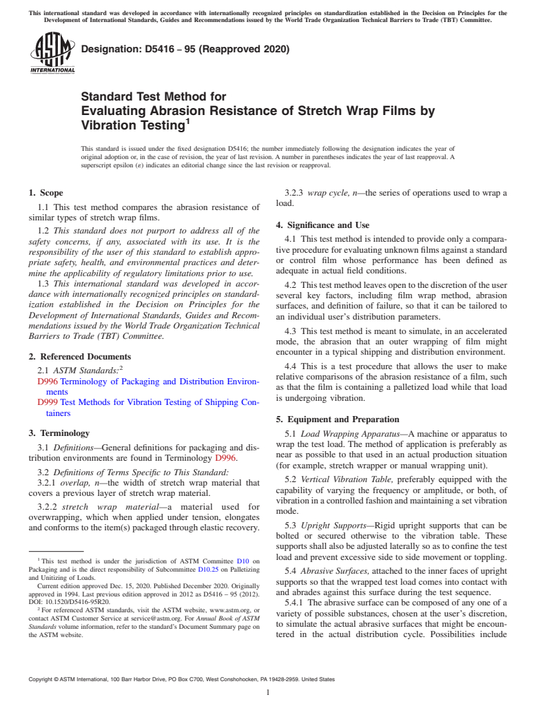 ASTM D5416-95(2020) - Standard Test Method for  Evaluating Abrasion Resistance of Stretch Wrap Films by Vibration  Testing