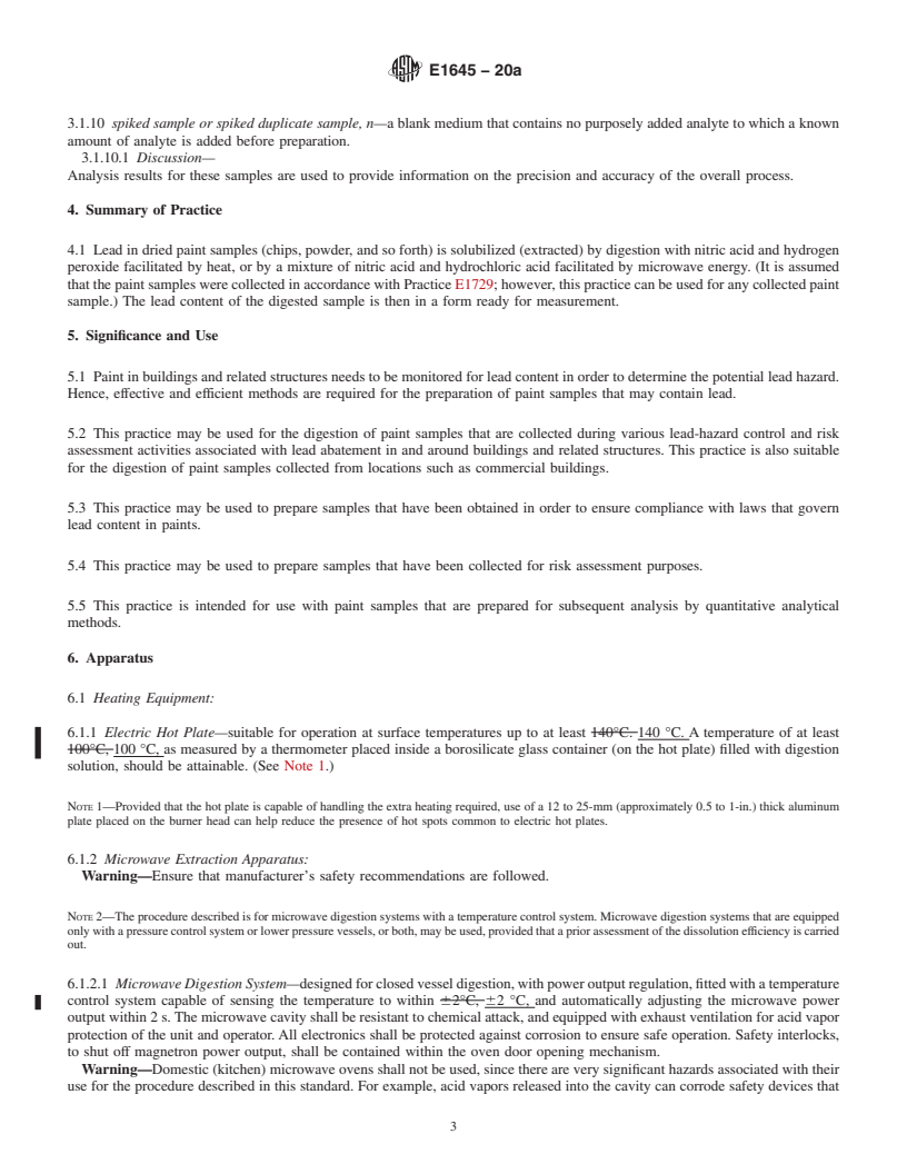 REDLINE ASTM E1645-20a - Standard Practice for Preparation of Dried Paint Samples by Hotplate or Microwave  Digestion for Subsequent Lead Analysis