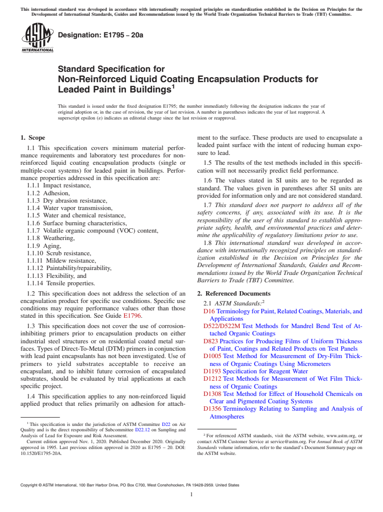 ASTM E1795-20a - Standard Specification for Non-Reinforced Liquid Coating Encapsulation Products for Leaded  Paint in Buildings