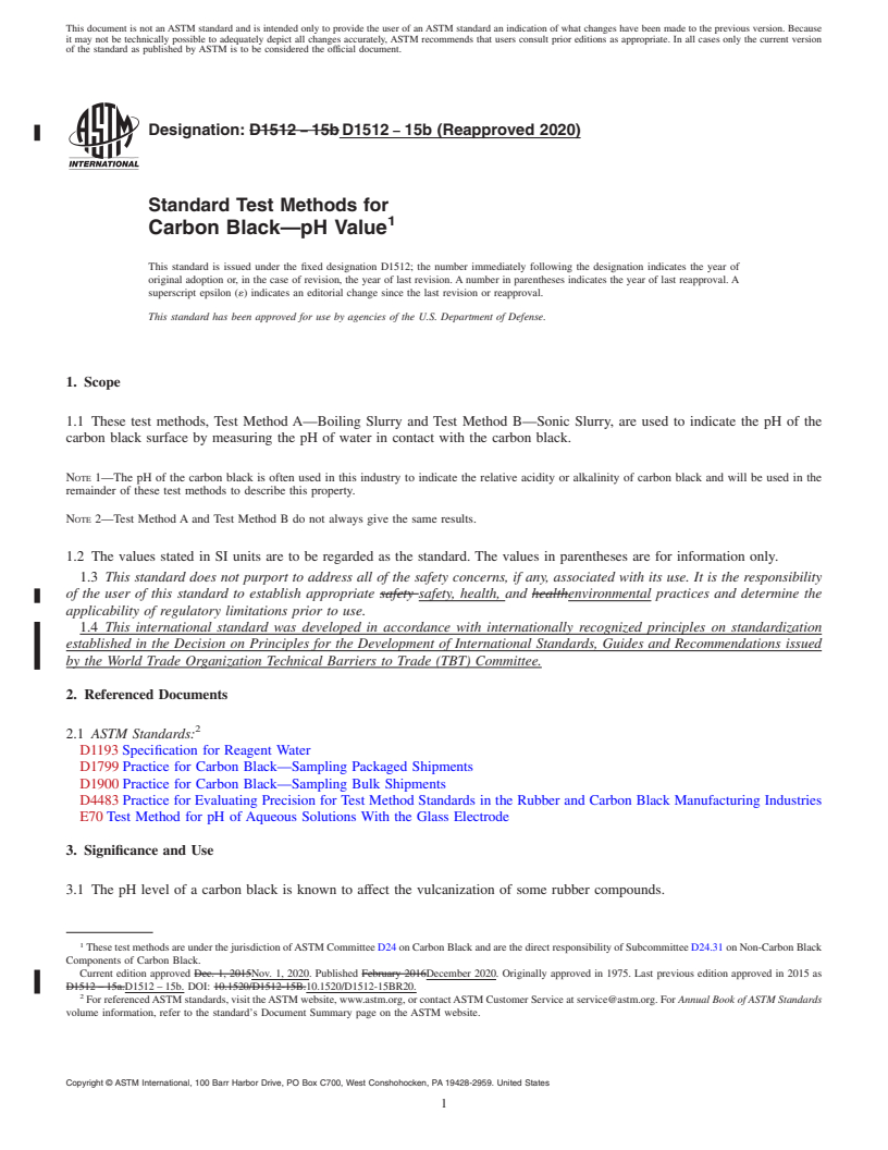 REDLINE ASTM D1512-15b(2020) - Standard Test Methods for Carbon Black—pH Value