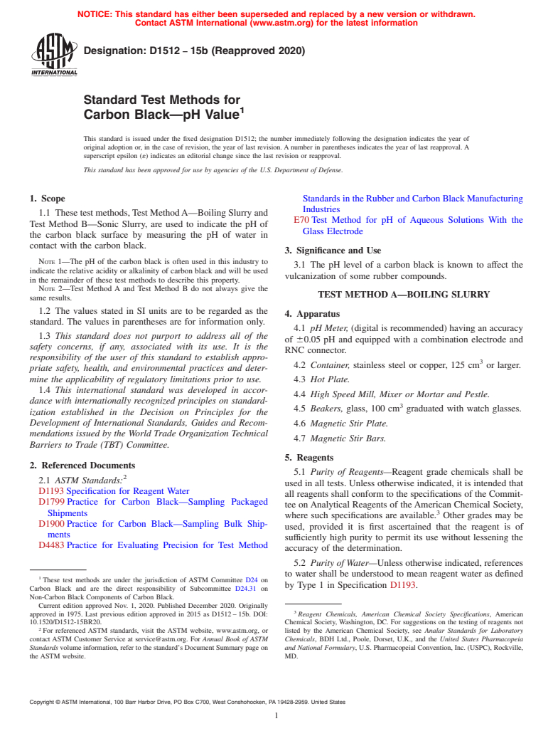 ASTM D1512-15b(2020) - Standard Test Methods for Carbon Black—pH Value