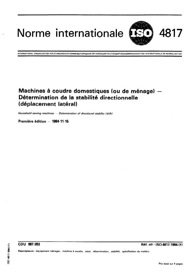 ISO 4817:1984 - Machines a coudre domestiques (ou de ménage) -- Détermination de la stabilité directionnelle (déplacement latéral)