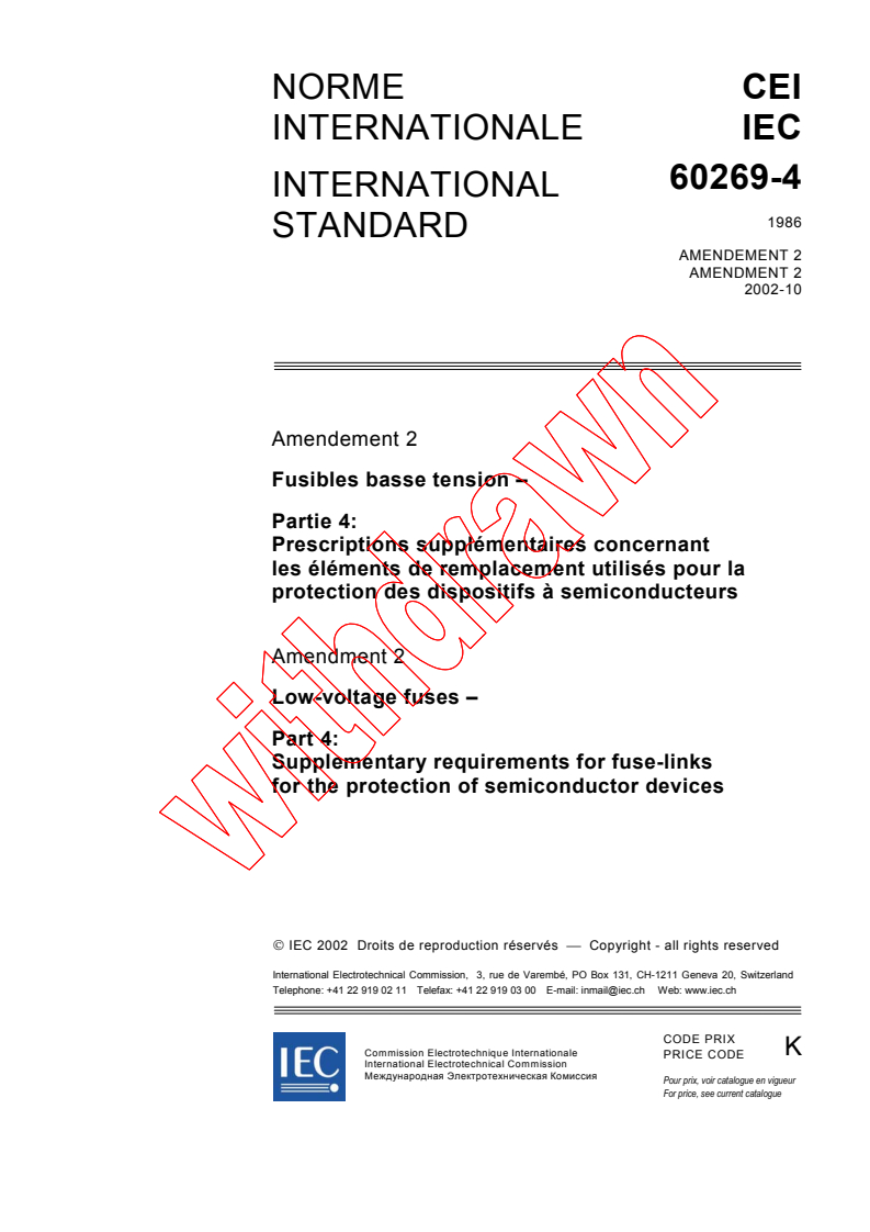 IEC 60269-4:1986/AMD2:2002 - Amendment 2 - Low-voltage fuses. Part 4: Supplementary requirements for fuse-links for the protection of semiconductor devices
Released:10/23/2002
Isbn:2831866863