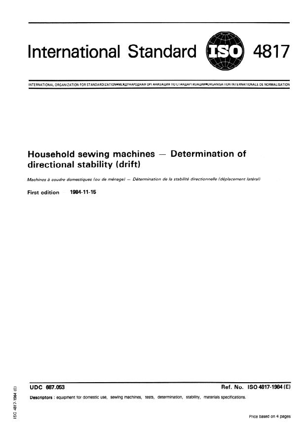 ISO 4817:1984 - Household sewing machines -- Determination of directional stability (drift)