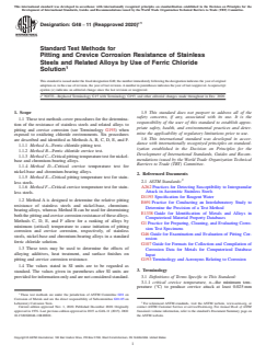 ASTM G48-11(2020)e1 ASTM G48-11(2020)e1 - Standard Test Methods for Pitting and Crevice Corrosion Resistance of Stainless Steels and Related Alloys by Use of Ferric Chloride Solution - Page 1 preview
