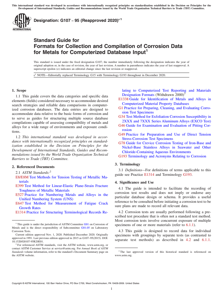 ASTM G107-95(2020)e1 - Standard Guide for Formats for Collection and Compilation of Corrosion Data for  Metals for Computerized Database Input