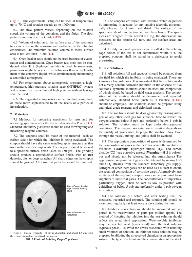 ASTM G184-06(2020)e1 - Standard Practice for Evaluating and Qualifying Oil Field and Refinery Corrosion  Inhibitors Using Rotating Cage