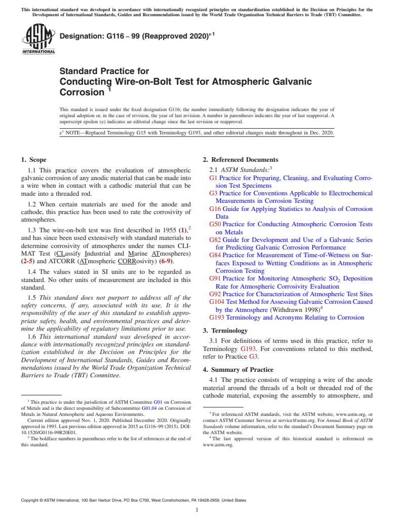 ASTM G116-99(2020)e1 - Standard Practice for Conducting Wire-on-Bolt Test for Atmospheric Galvanic Corrosion