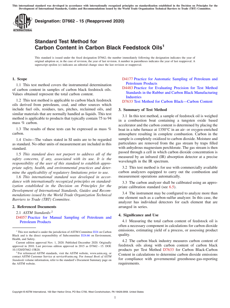 ASTM D7662-15(2020) - Standard Test Method for Carbon Content in Carbon Black Feedstock Oils