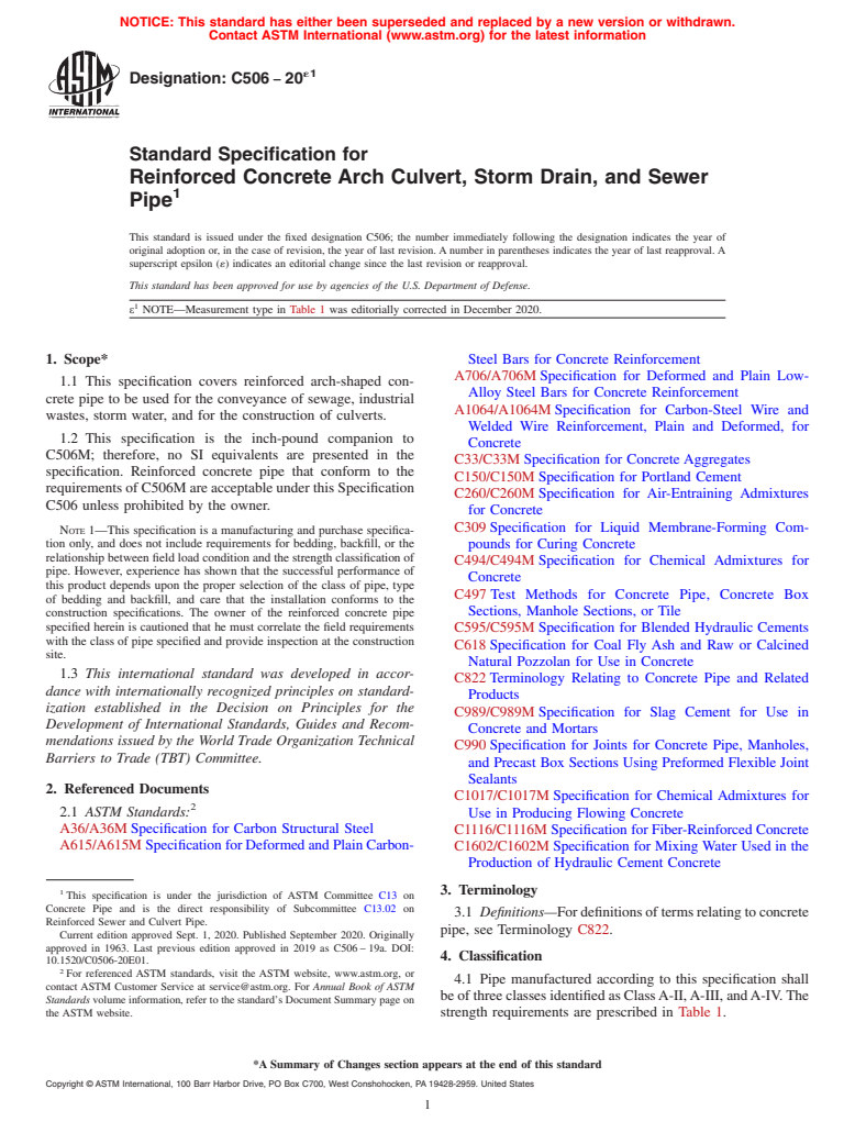 ASTM C506-20e1 - Standard Specification for  Reinforced Concrete Arch Culvert, Storm Drain, and Sewer Pipe