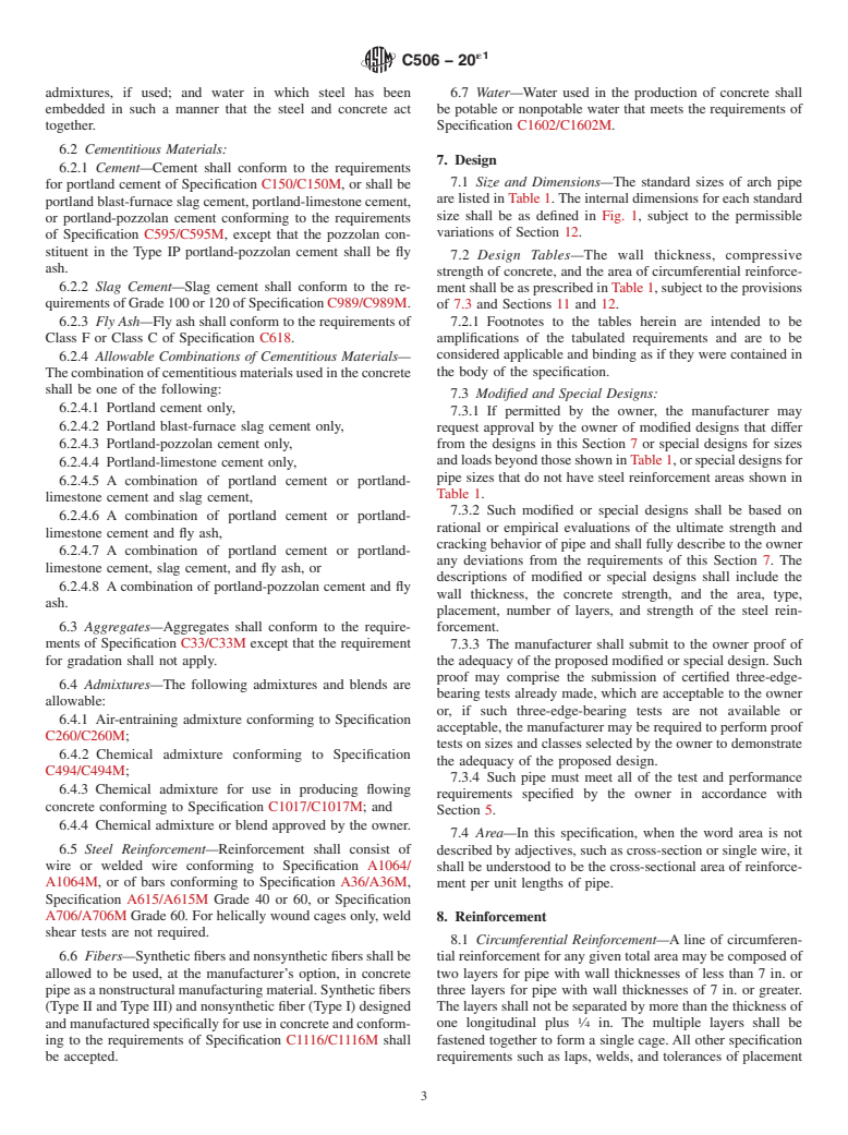 ASTM C506-20e1 - Standard Specification for  Reinforced Concrete Arch Culvert, Storm Drain, and Sewer Pipe