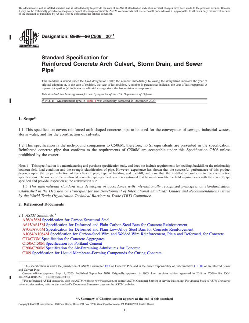 REDLINE ASTM C506-20e1 - Standard Specification for  Reinforced Concrete Arch Culvert, Storm Drain, and Sewer Pipe